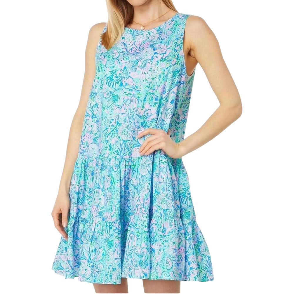 Lilly Pulitzer Women's Trina Dress Bondi Blue Size XL Cotton Tiered Shift Dress - Picture 9 of 10